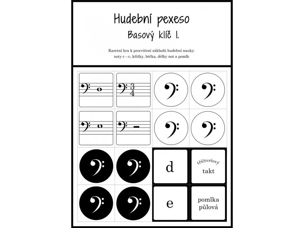 Hudební pexeso - Basový klíč 1 - 72 kartiček pro zábavnou výuku hudební nauky Akční Nabídka