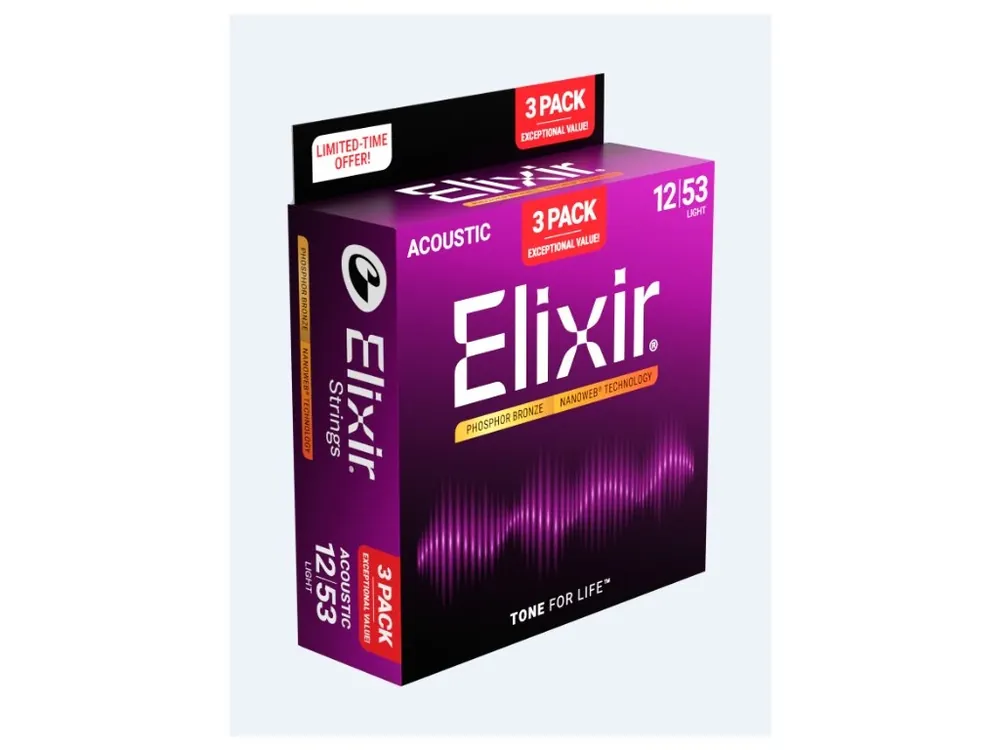 Vrácení Zdarma ELIXIR 16545 NANOWEB LIGHT 12-53 Phosphor Bronz 3-Pack