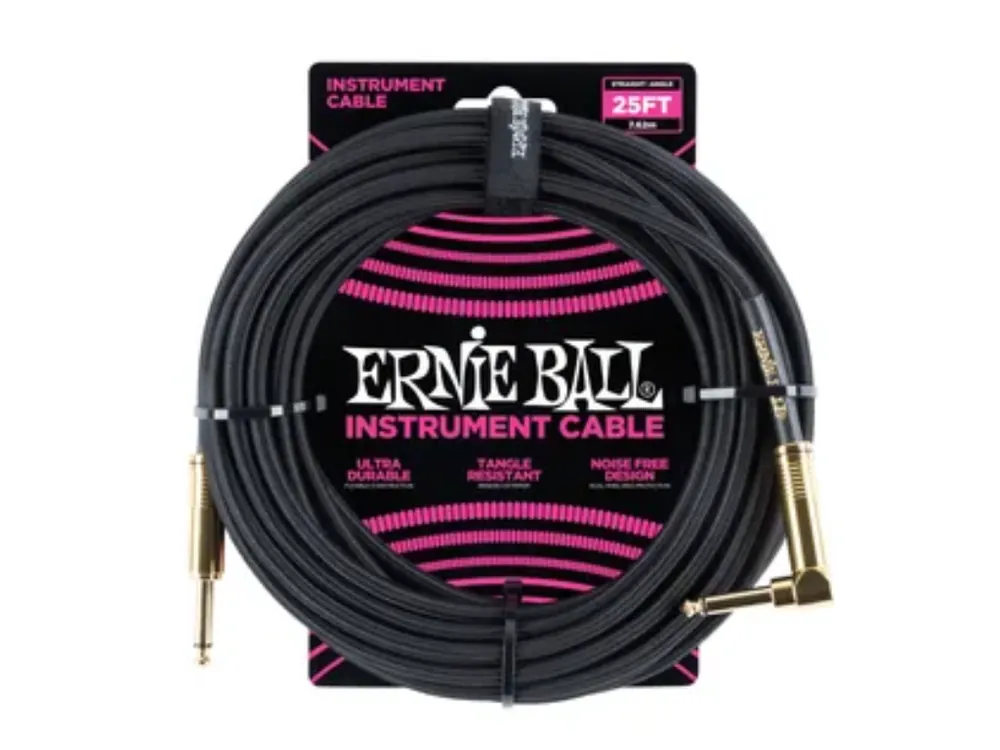 6058 Ernie Ball 25‘ Instrument Braided Cable - nástrojový kabel rovný / zahnutý pozlacený jack - 7.62m - černá barva Expresní Doručení
