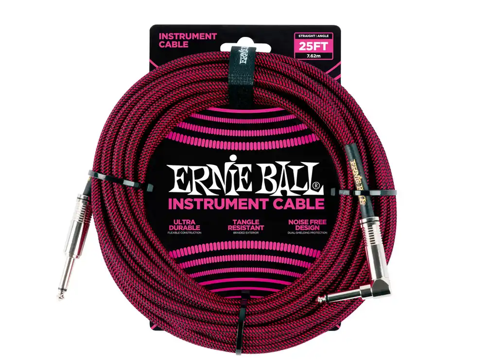 6062 Ernie Ball 25‘ Instrument Braided Cable - nástrojový kabel rovný / zahnutý jack - 7.62m - červenočerná barva Odeslání Ihned