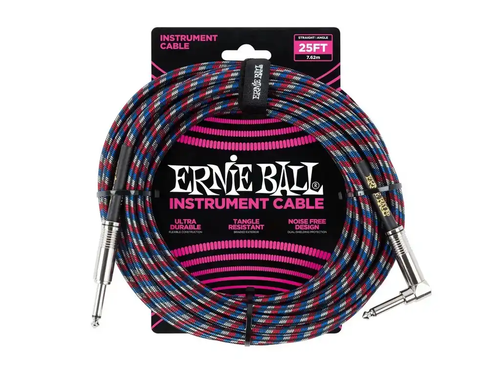 6063 Ernie Ball 25‘ Instrument Braided Cable - nástrojový kabel rovný / zahnutý jack - 7.62m - červená / modrá / bílá barva Ihned K Objednání
