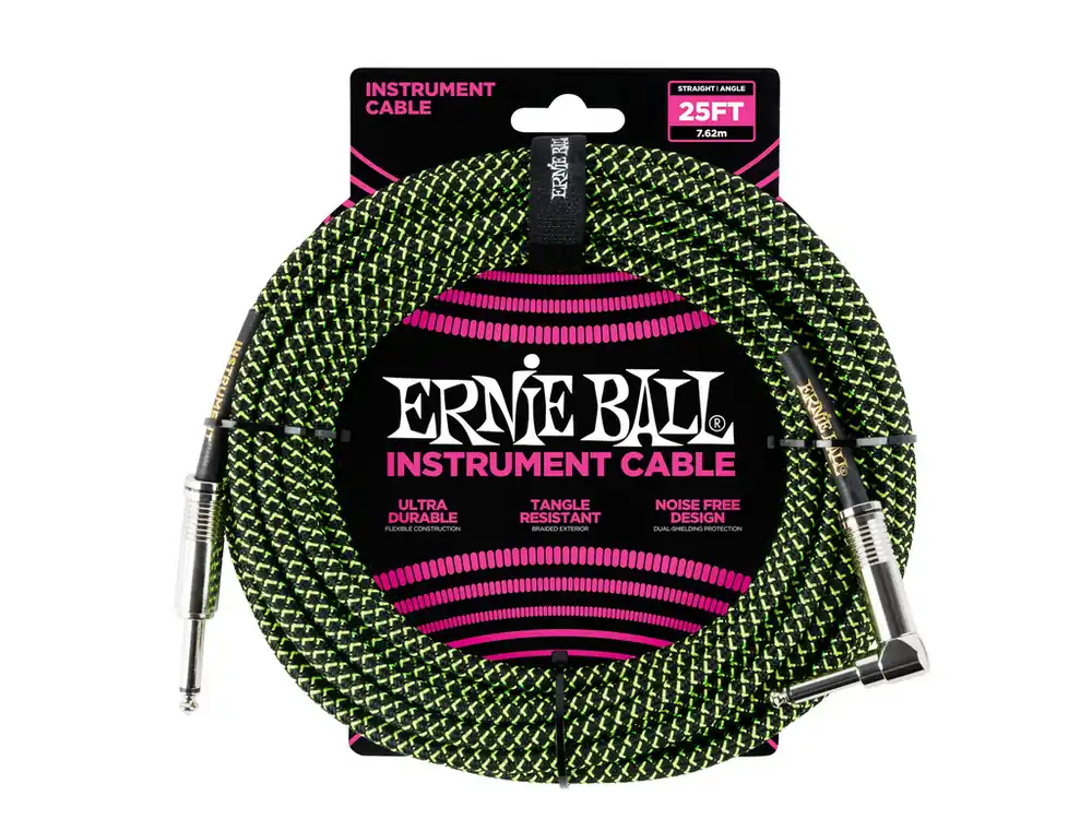 Ihned K Objednání 6066 Ernie Ball 25‘ Instrument Braided Cable - nástrojový kabel rovný / zahnutý jack - 7.62m - černozelená barva