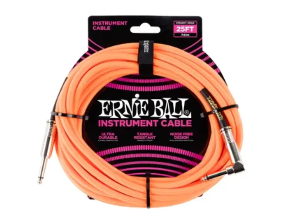 Kup Teď 6067 Ernie Ball 25‘ Instrument Braided Cable - nástrojový kabel rovný / zahnutý jack - 7.62m - neonově oranžová barva