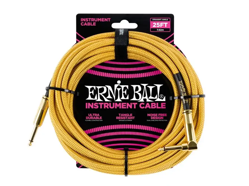 Horká Nabídka 6070 Ernie Ball 25‘ Instrument Braided Cable - nástrojový kabel rovný / zahnutý pozlacený jack - 7.62m - zlatá barva