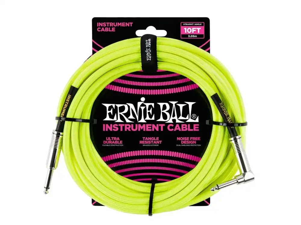 Akce 6080 Ernie Ball 10‘ Braided Straight / Angle Instrument Cable Neon - Yellow - opletený nástrojový kabel 3m