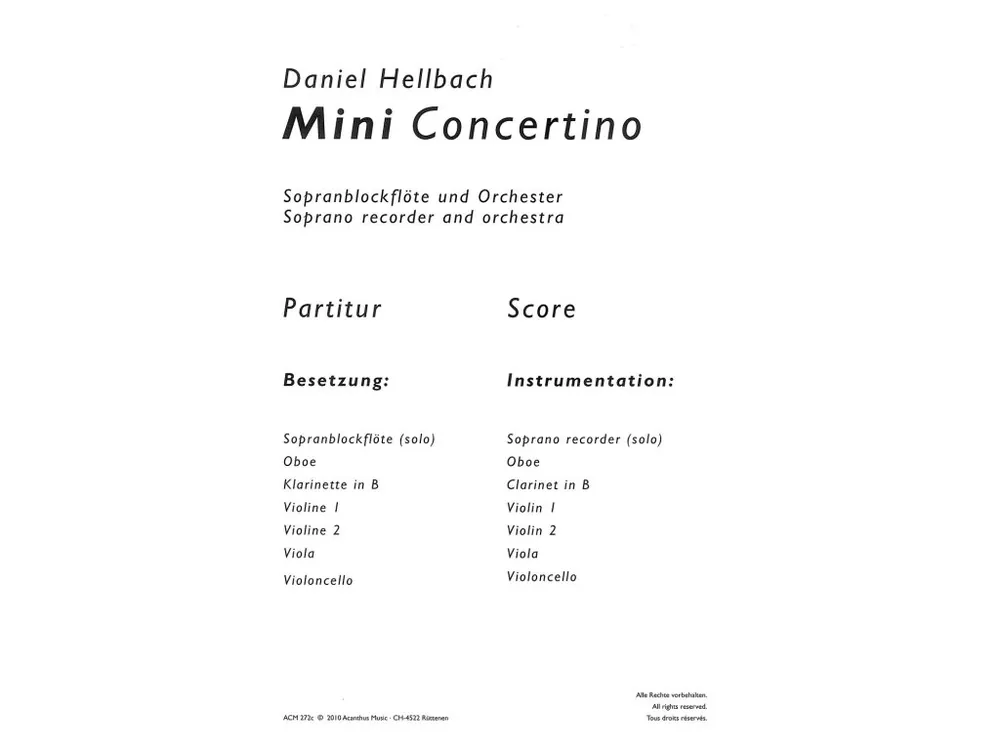 Hellbach Mini Concertino - zobcová flétna a orchestr / partitura a party Omezená Nabídka